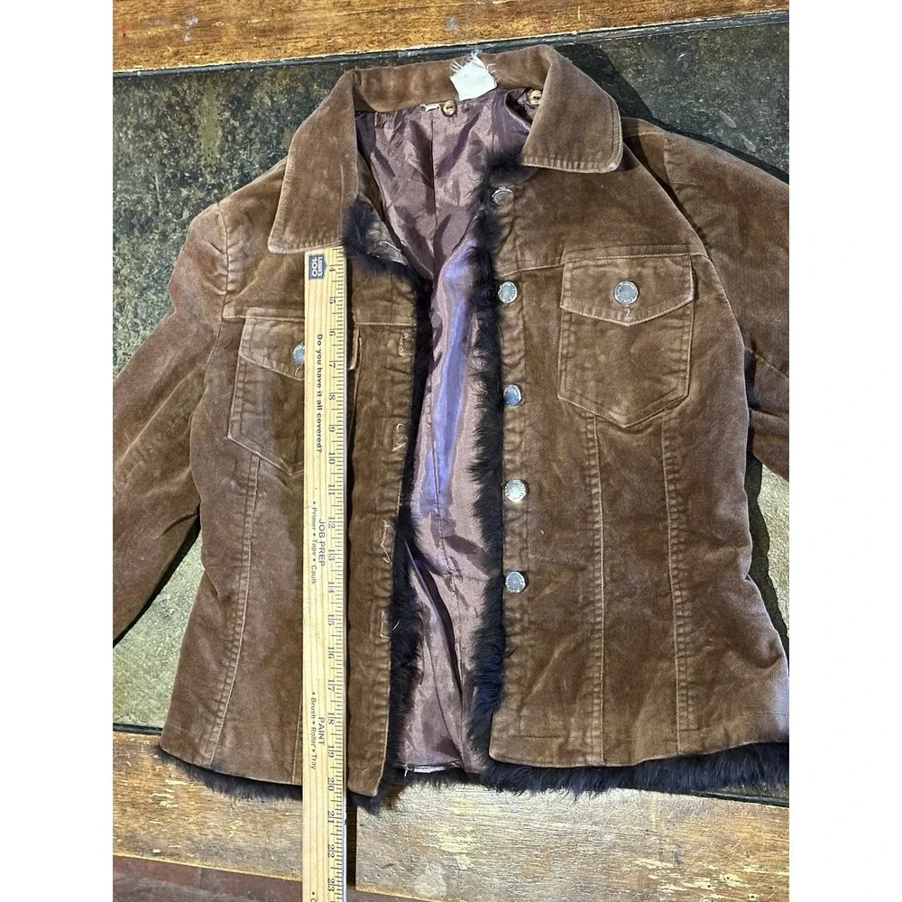 Vintage Y2K Brown‎ Corduroy Faux Fur Trim Jacket Girls Sz 12 Metal Buttons 2002